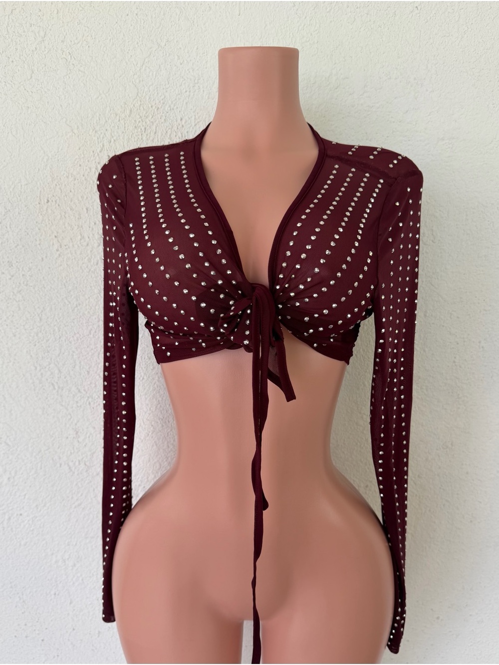 Symphony Wine Studded Tie-Front Long Sleeve Crop Top